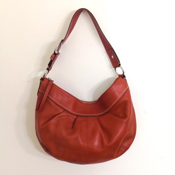 Coach Red Orange Vintage Pleated Leather Hobo Bag F13731 - Picture 1 of 11